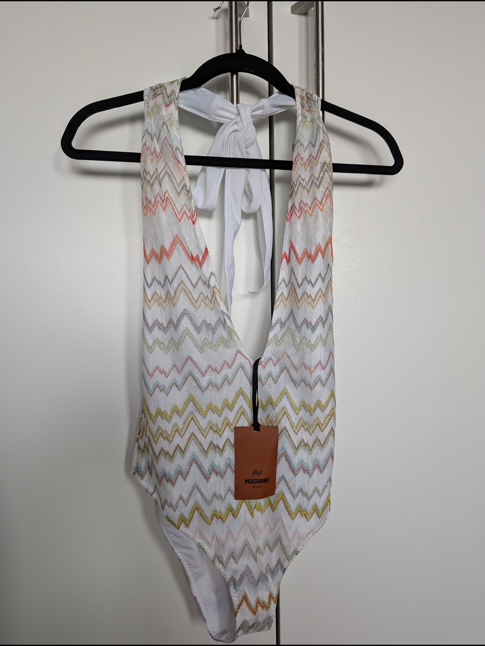 Missoni Zigzag One-Piece Swimsuit in White with Pastel Chevron Size 44 B